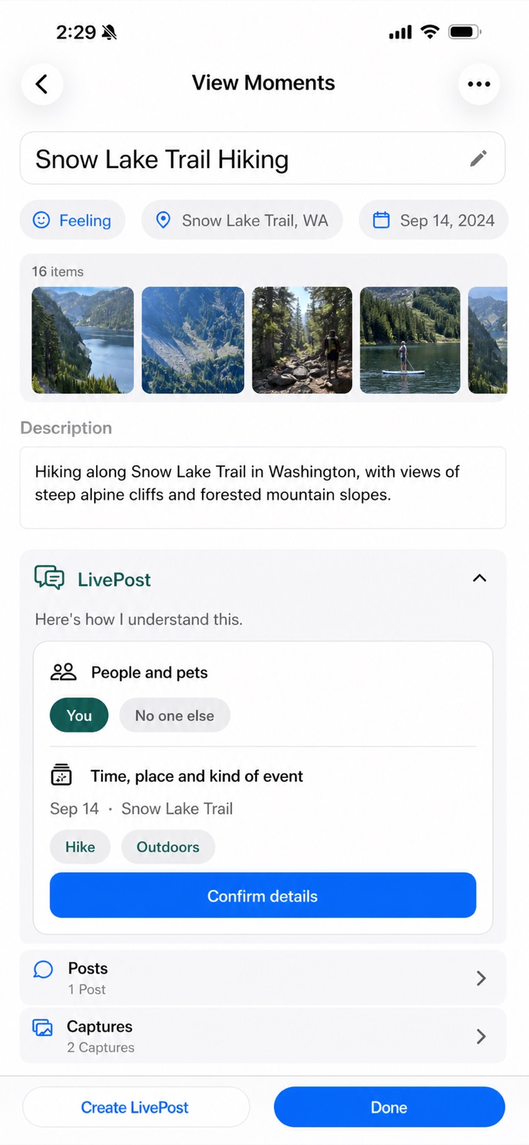 An open entry in Moments with its media, description and what LivePost understood