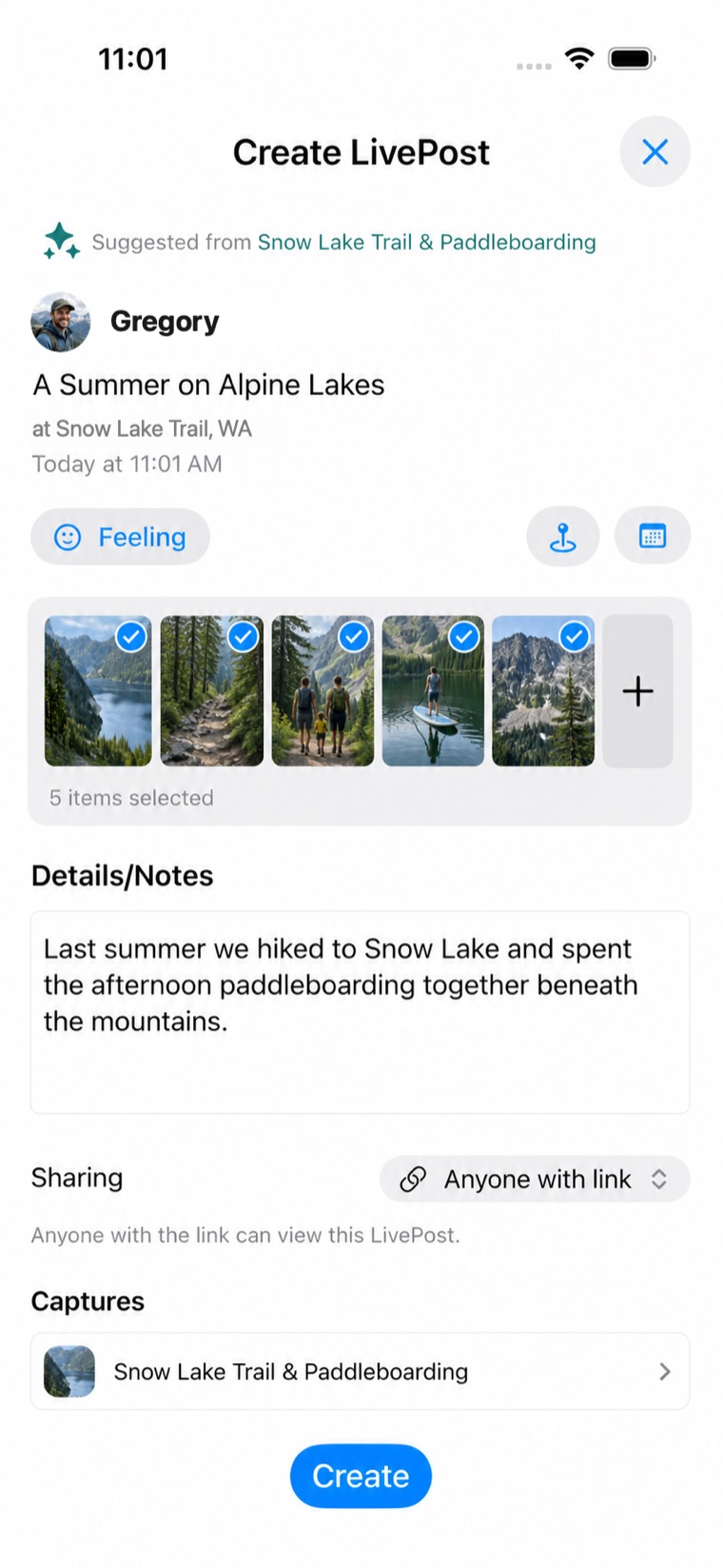 The Create LivePost screen prepared from a suggestion