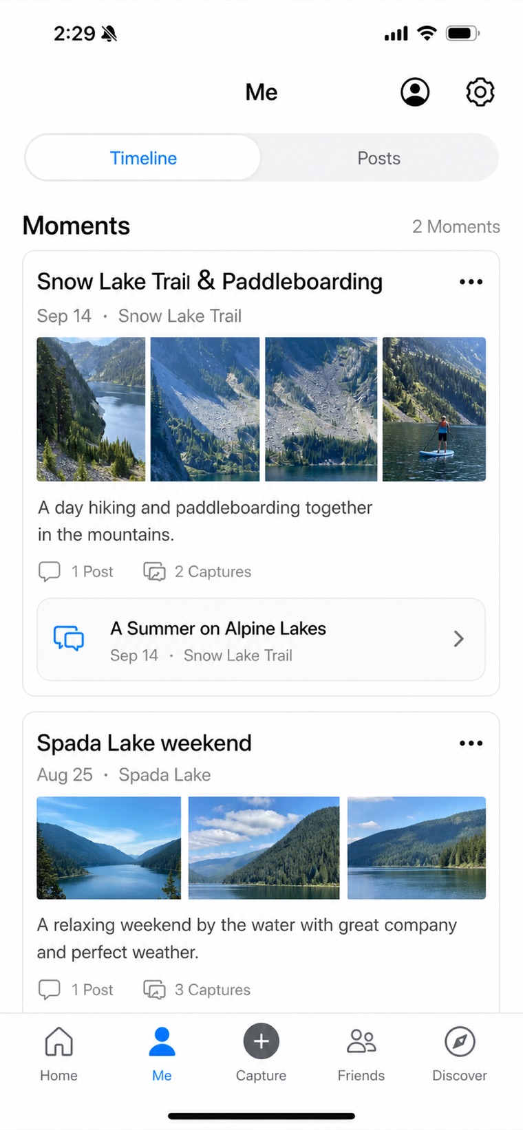 The personal timeline showing entries in Moments and the post one of them produced