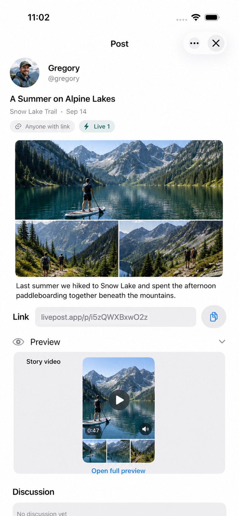 A shared post with its link, preview and story video