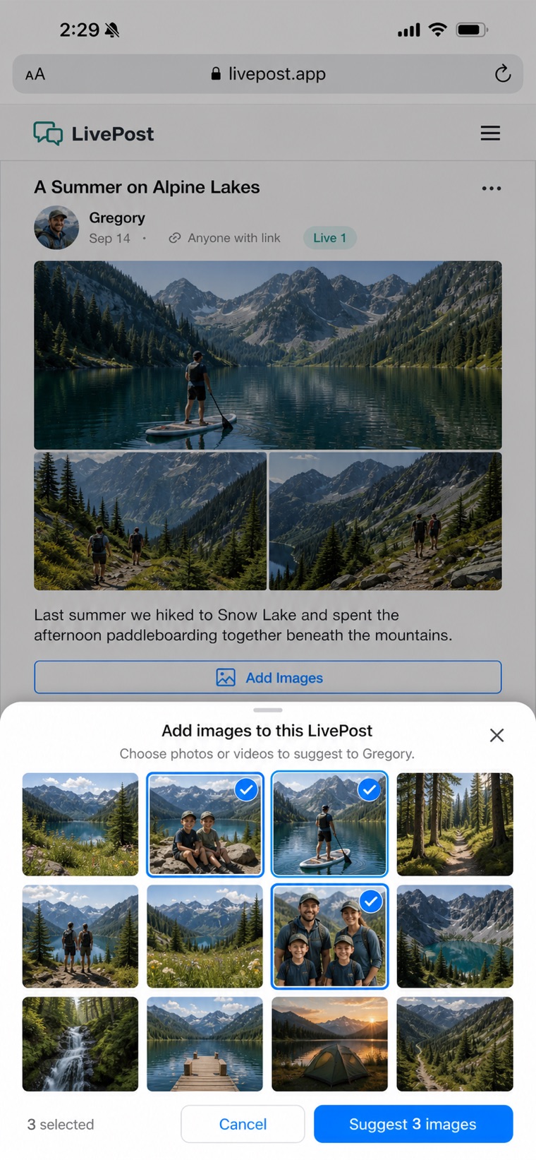 The post opened in a browser with an Add Images control