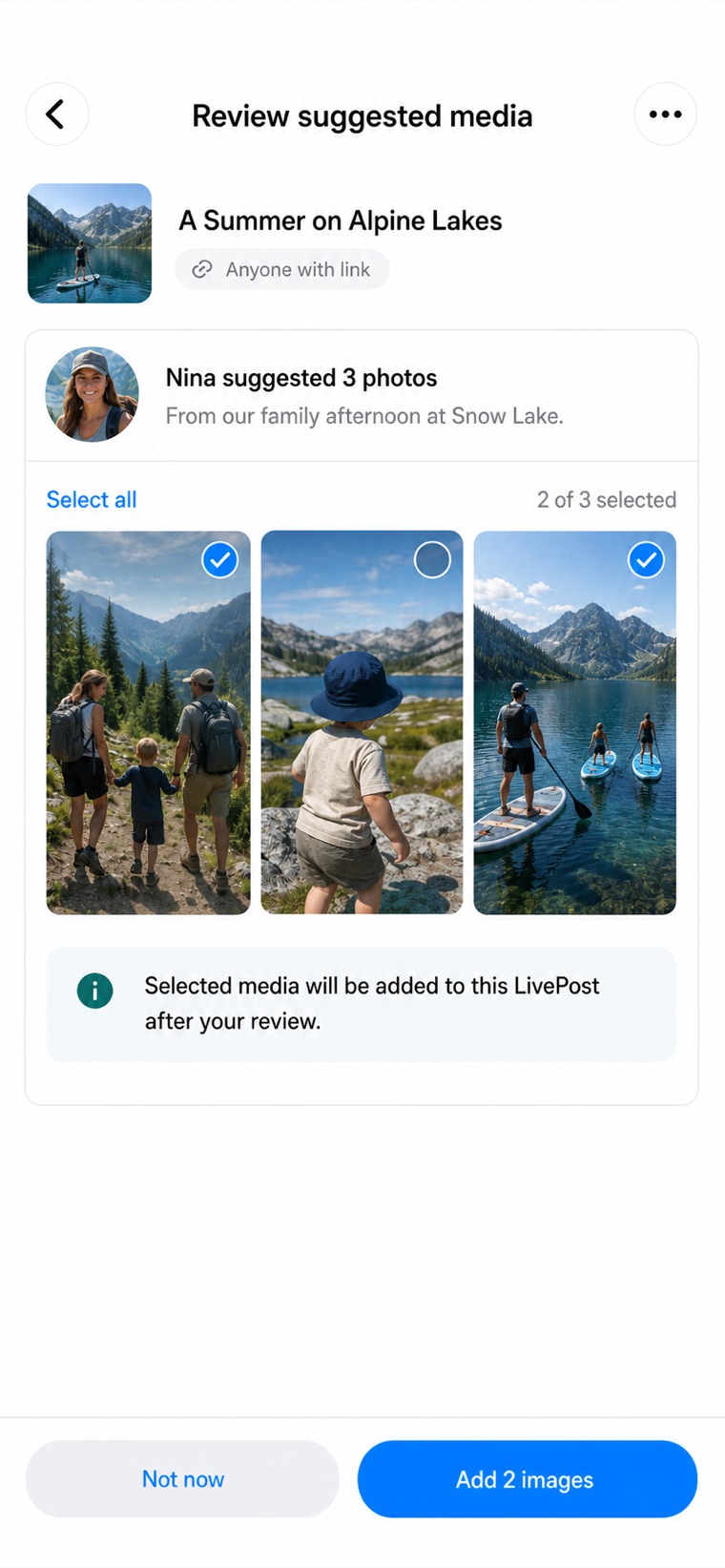 Reviewing photos suggested by another person before adding them