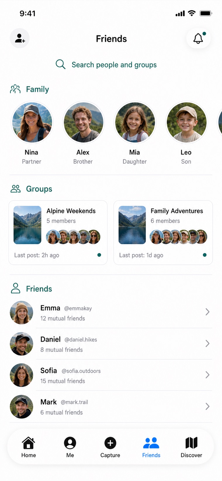 The Friends screen with family, groups and friends