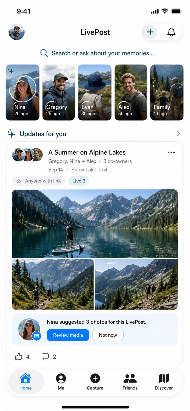 Home showing a post with several co-owners and pending suggested media