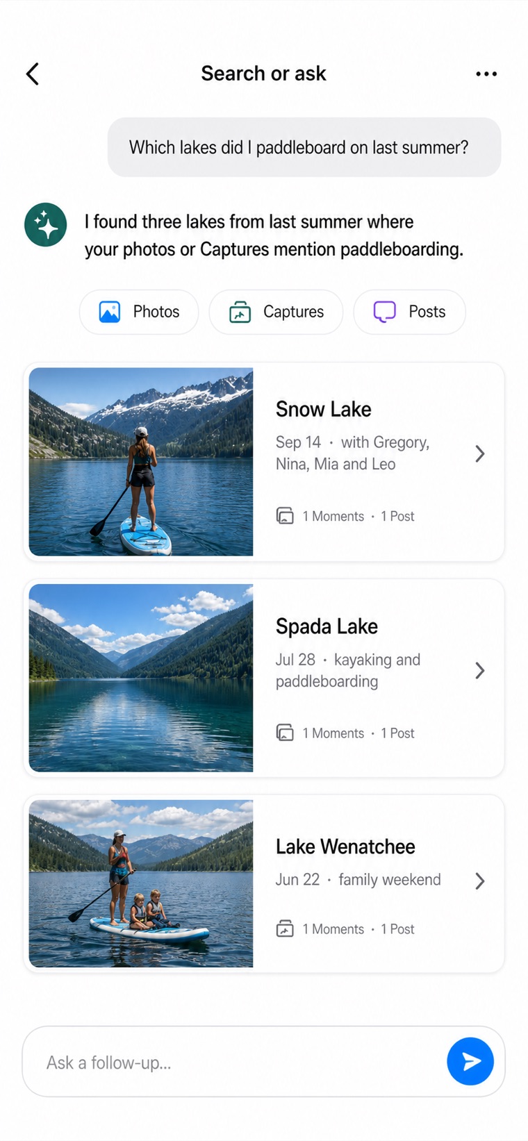 Asking which lakes were paddleboarded last summer and getting three results